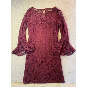 Sandra Darren Lace Dress Burgundy Fairy Whimsygoth Y2k 90s Sm/Med Bell Sleeve